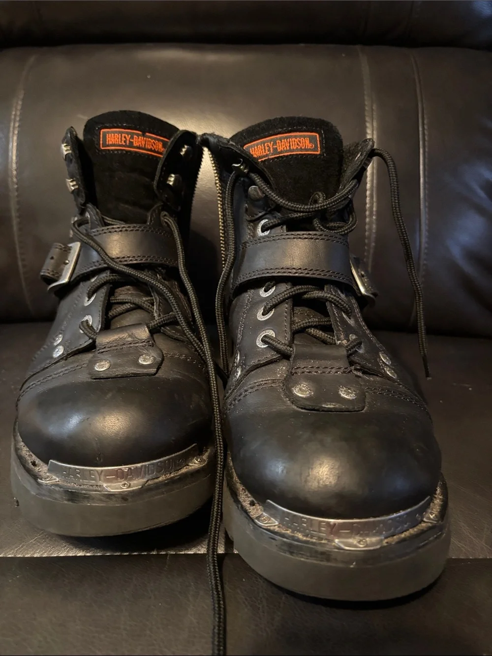 Harley-Davidson Black Leather Lace-Up Motorcycle Boots with Strap